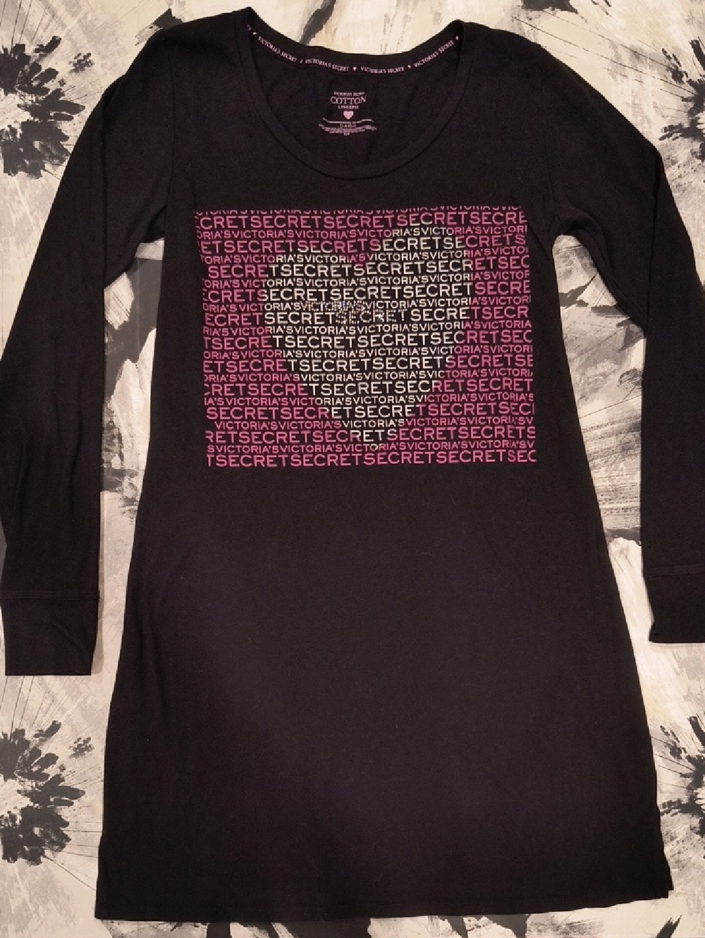 Victoria's Secret Black Long-Sleeve Cotton Nightgown Logo Panel Rhinestones